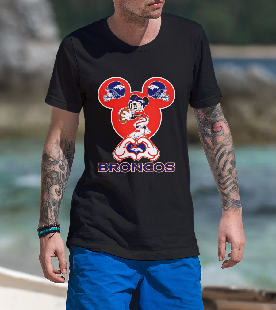 Denver Broncos Mickey Mouse Heart Hands Football Fan T-Shirt