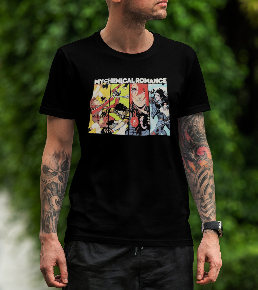 My Chemical Romance Comic Book Characters And Spider Symbol Vibrant Panel T-Shirt