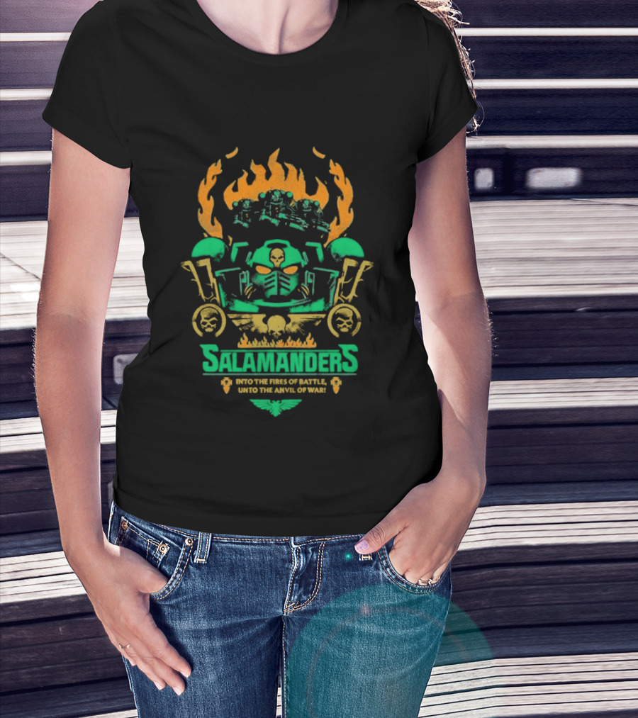 Salamanders Warhammer Into The Fires Of Battle Unto The Anvil Of War Flames And Skulls T-Shirt