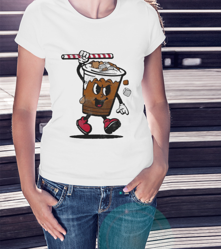 Reading Iced Coffees Cartoon Cup Character Fun T-Shirt