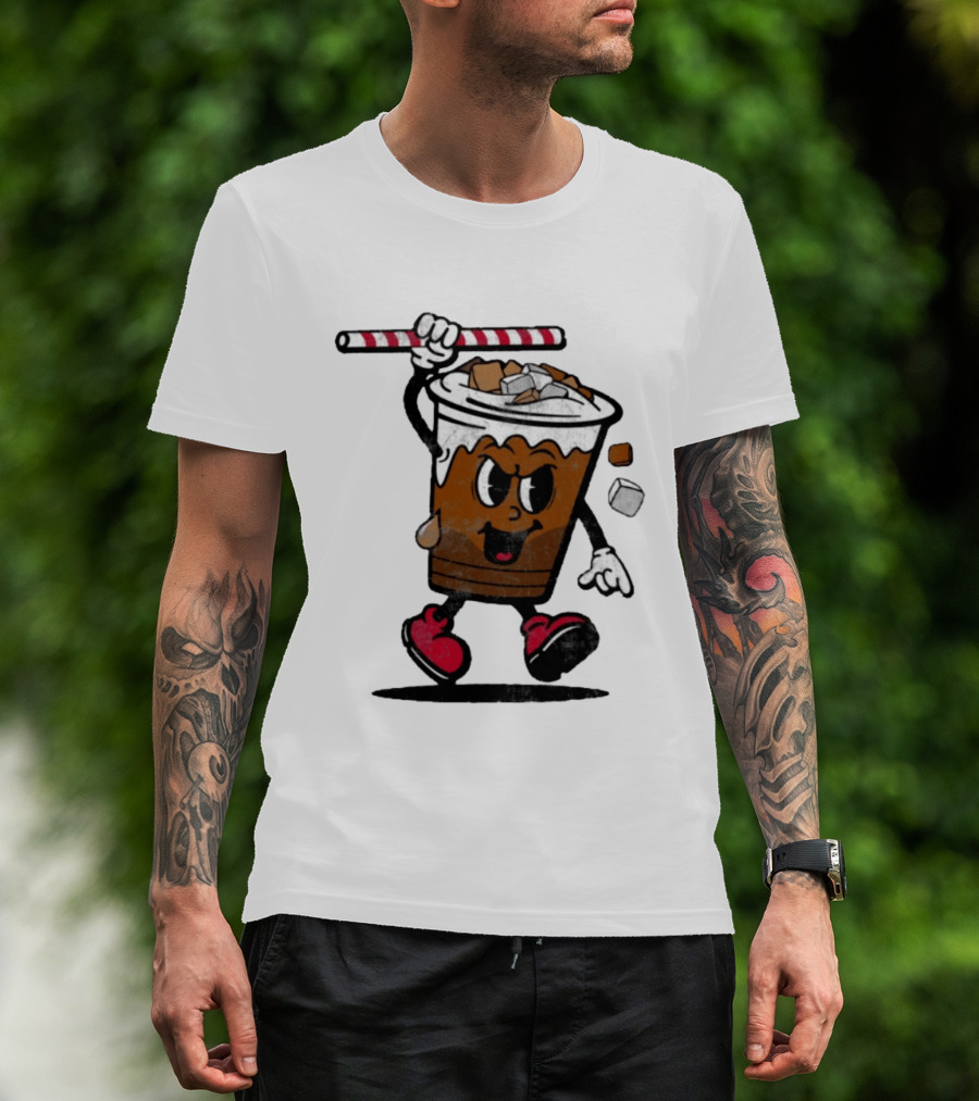 Reading Iced Coffees Cartoon Cup Character Fun T-Shirt
