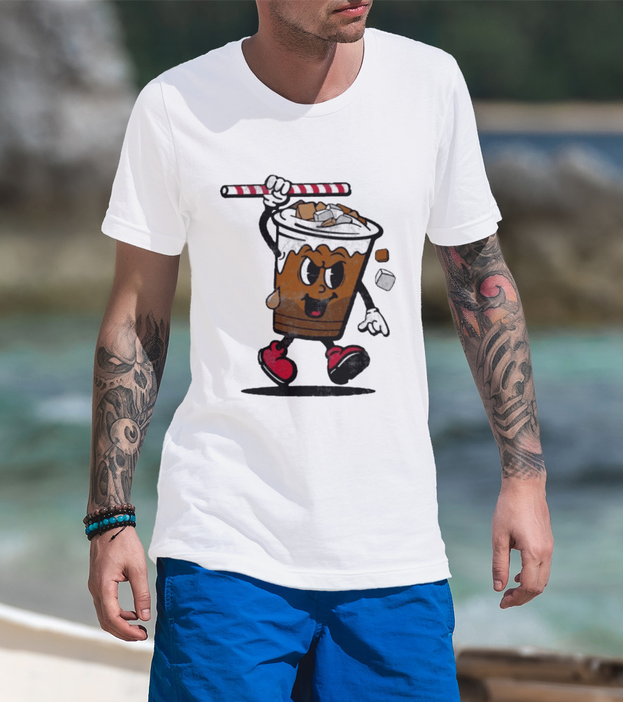 Reading Iced Coffees Cartoon Cup Character Fun T-Shirt