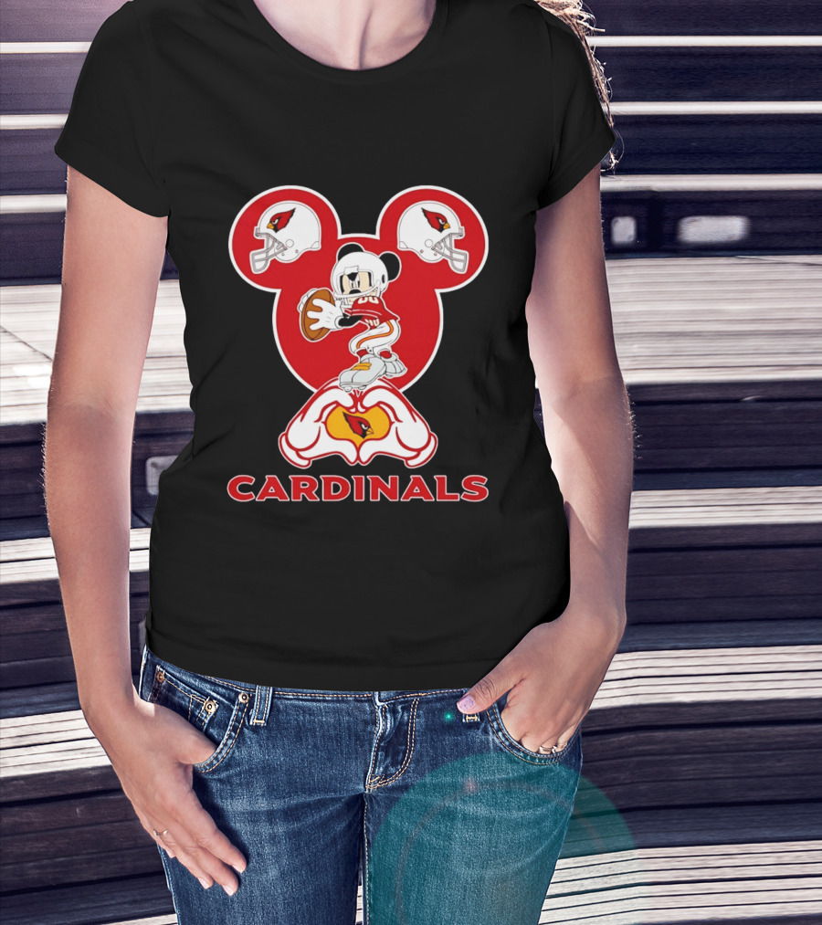 Arizona Cardinals Mickey Mouse Heart Hands Football Helmets T-Shirt