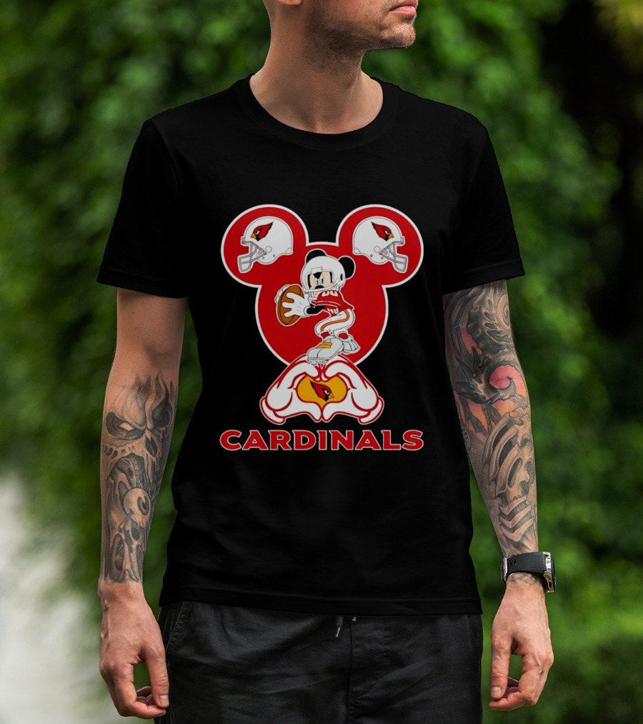 Arizona Cardinals Mickey Mouse Heart Hands Football Helmets T-Shirt