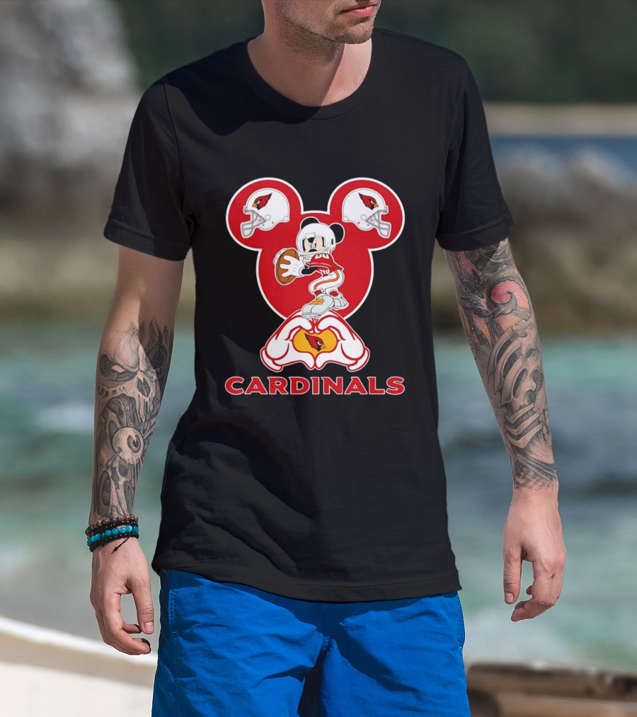 Arizona Cardinals Mickey Mouse Heart Hands Football Helmets T-Shirt