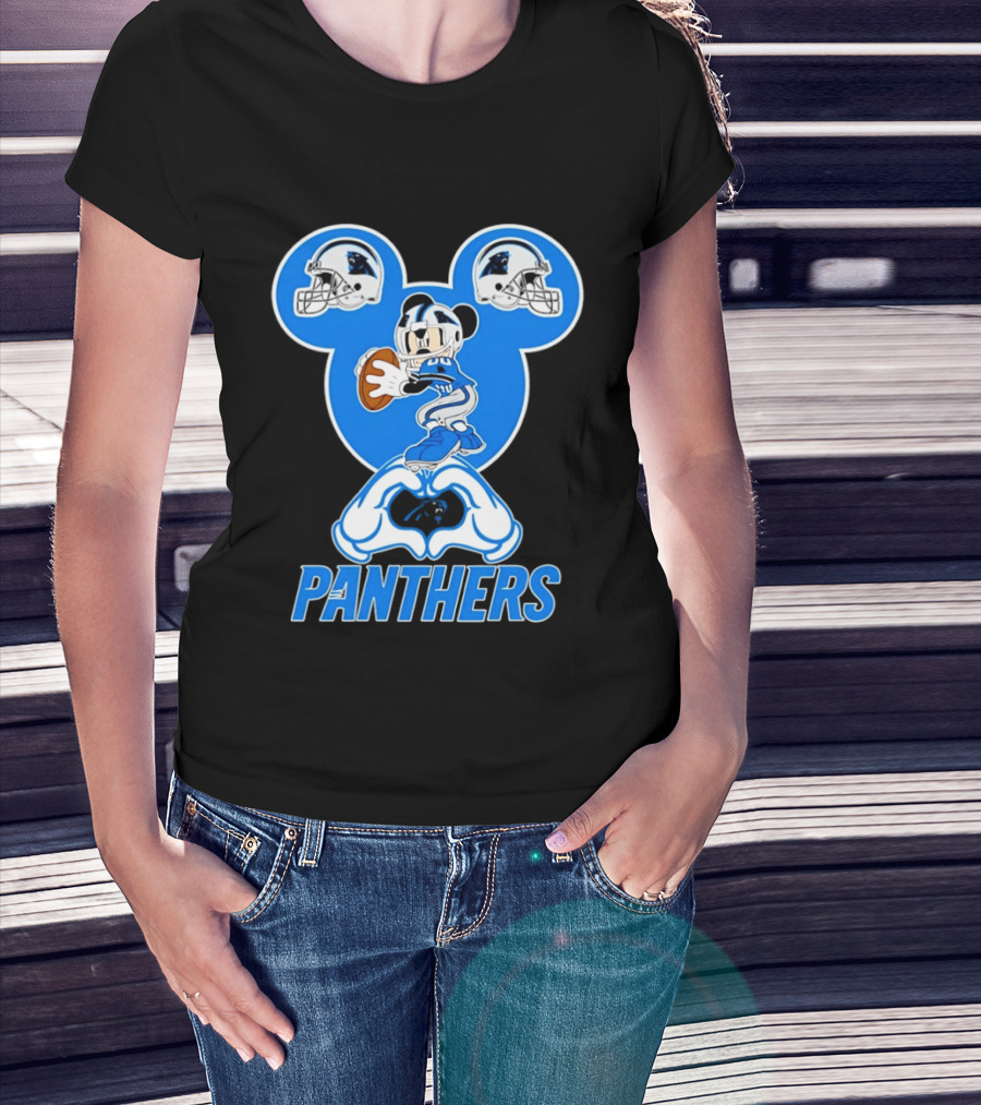 Panthers Mickey Mouse Football Love Heart Hands T-Shirt
