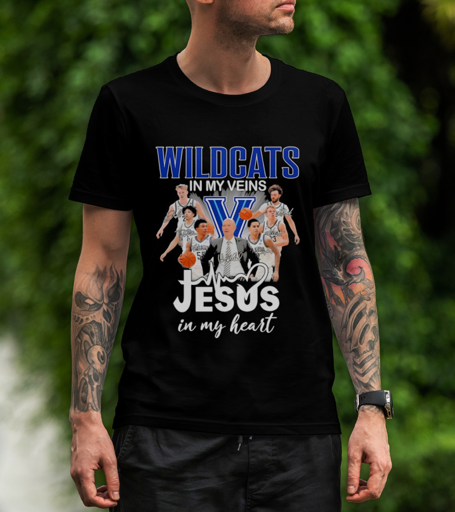 Wildcats In My Veins Jesus In My Heart Villanova Basketball Team Coach Kevin Willard T-Shirt