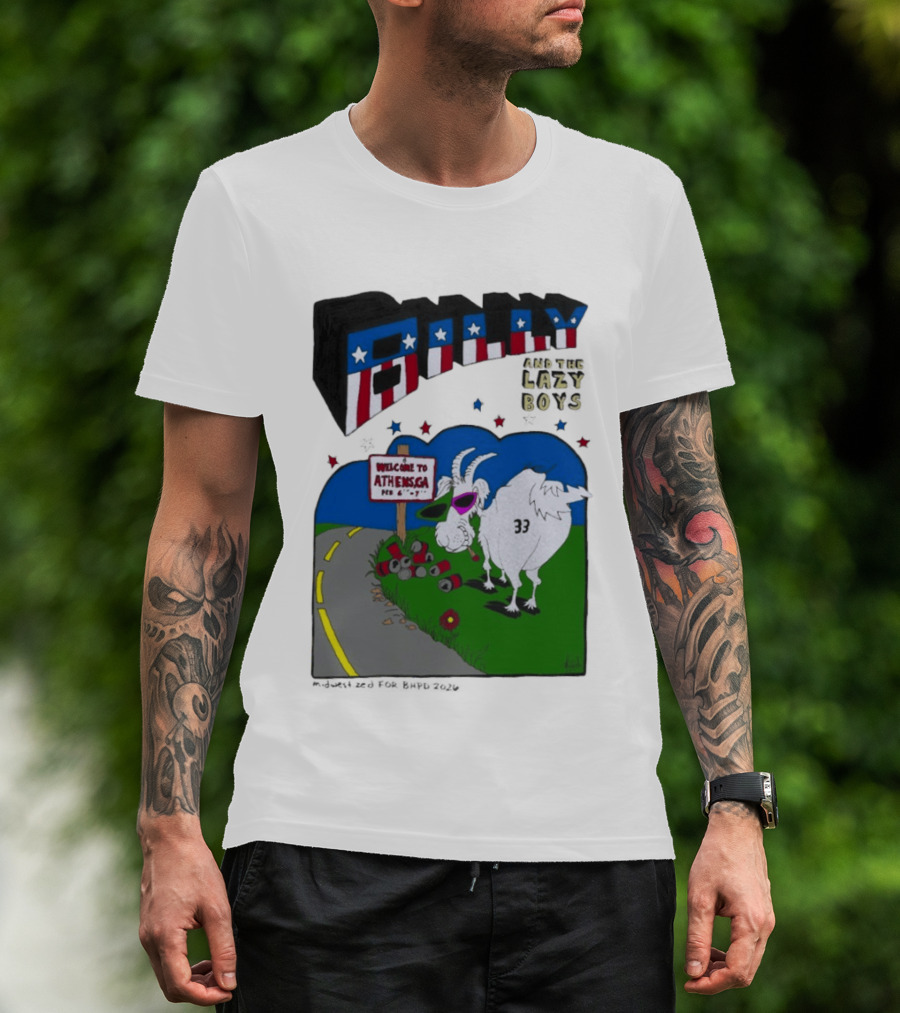 Billy And The Lazy Boys Athens GA Goat With Sunglasses Number 33 Welcome To Athens Sign T-Shirt