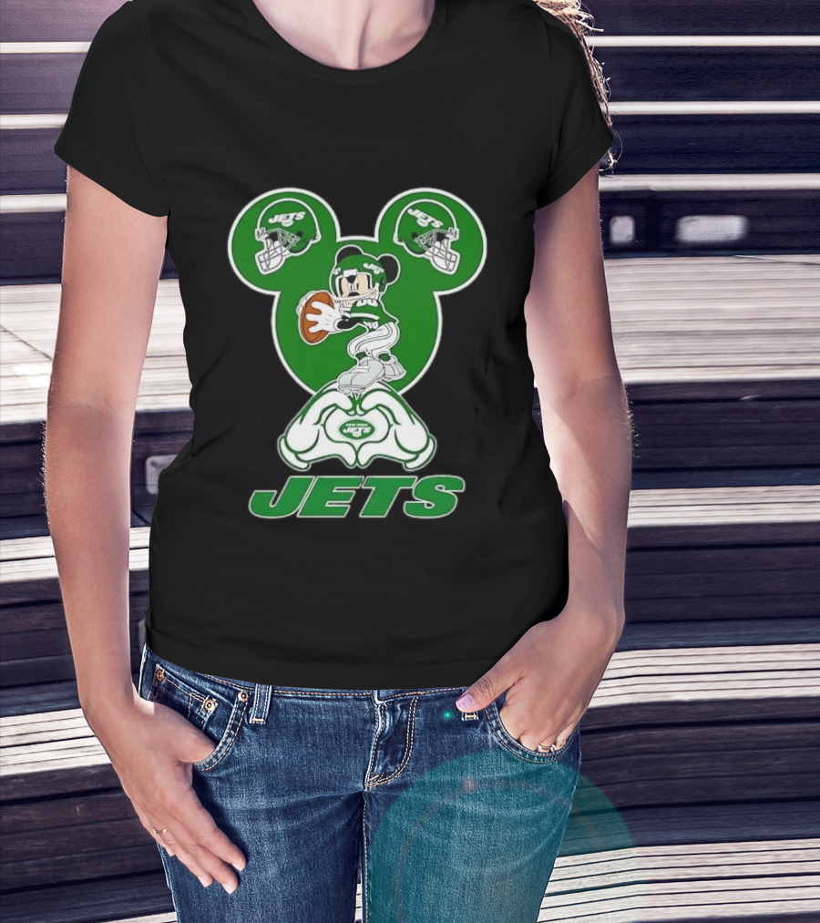 New York Jets Mickey Mouse Football Heart Hands T-Shirt