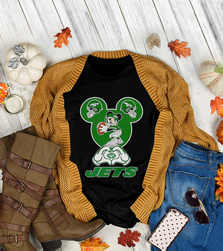 New York Jets Mickey Mouse Football Heart Hands T-Shirt