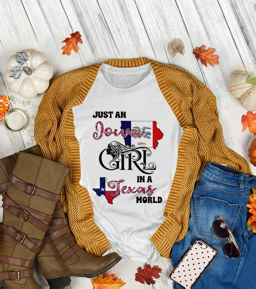 Just an Iowa Girl in a Texas World Map Silhouette Stars and Stripes T-Shirt