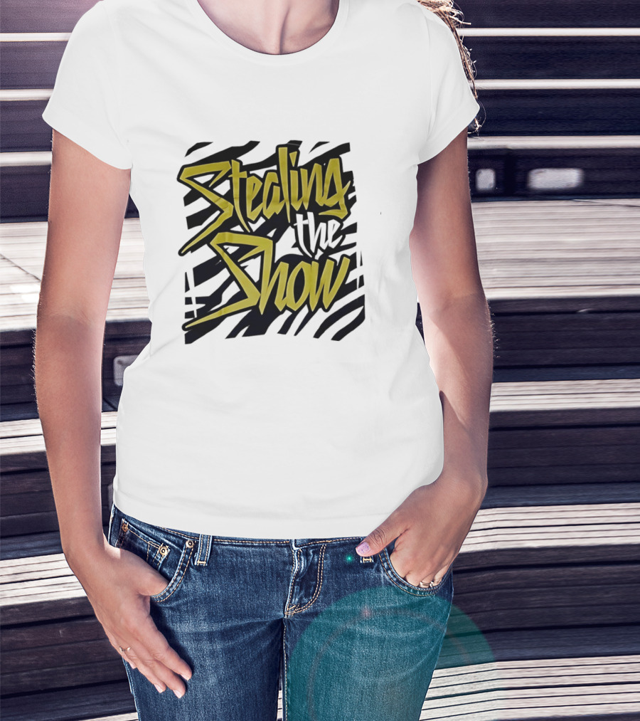 Stealing The Show Bold Graffiti Style Text On Striped T-Shirt
