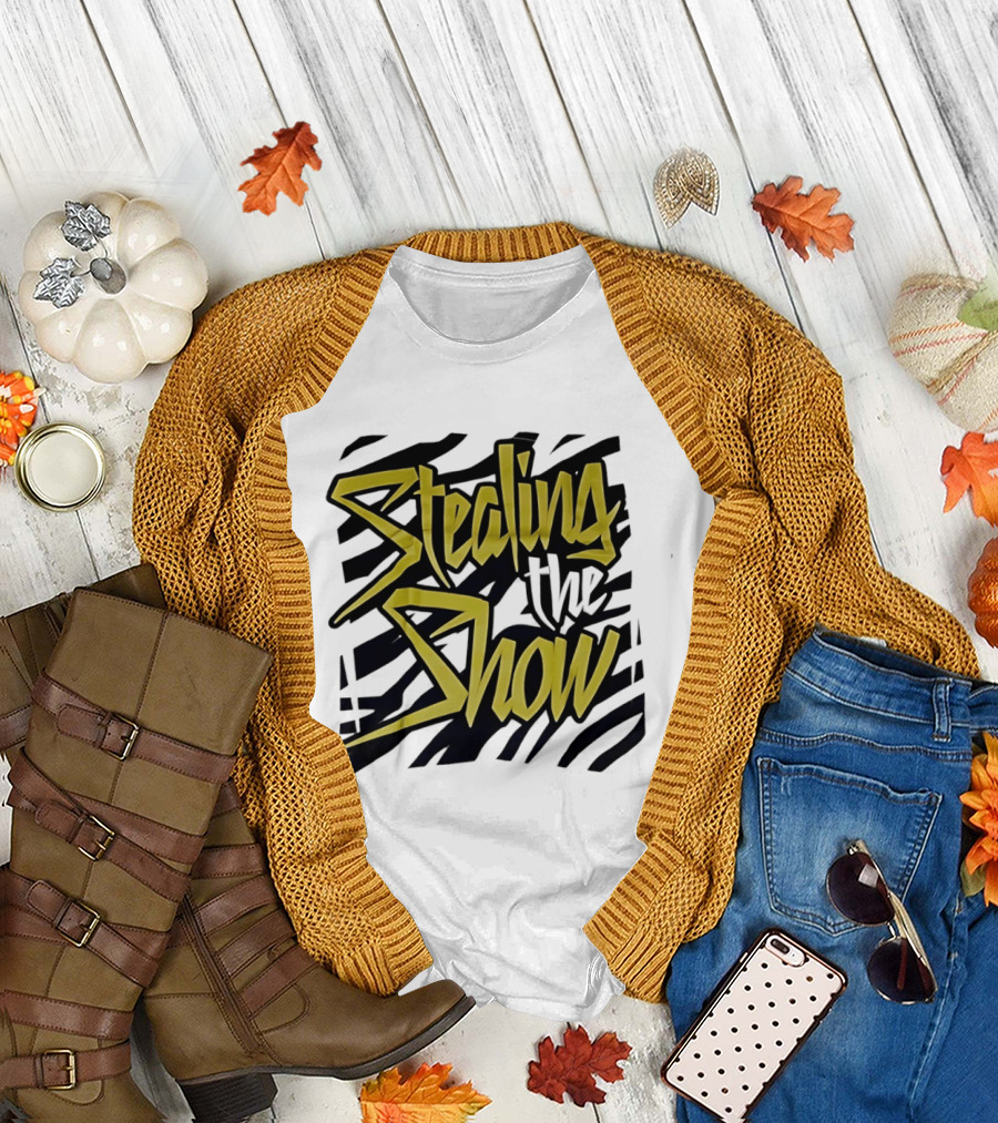 Stealing the Show Bold Graffiti Style Text on Striped T-Shirt