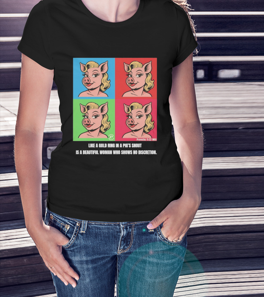 Proverbs 11:22 NIV Pig Pop Art Style Blonde Pig Panels T-Shirt