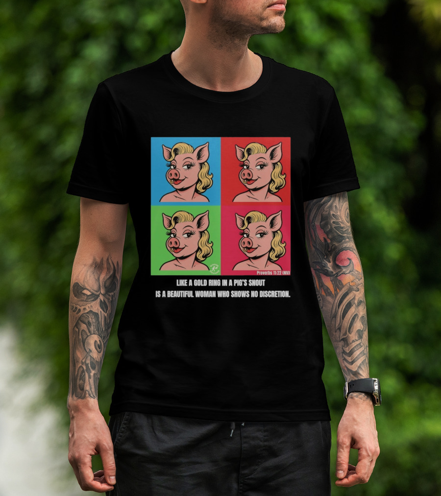 Proverbs 11:22 NIV Pig Pop Art Style Blonde Pig Panels T-Shirt