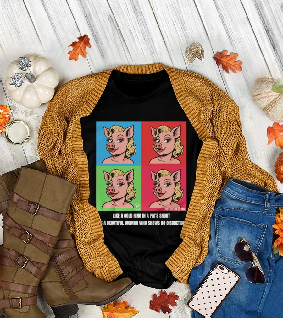 Proverbs 11:22 NIV Pig Pop Art Style Blonde Pig Panels T-Shirt
