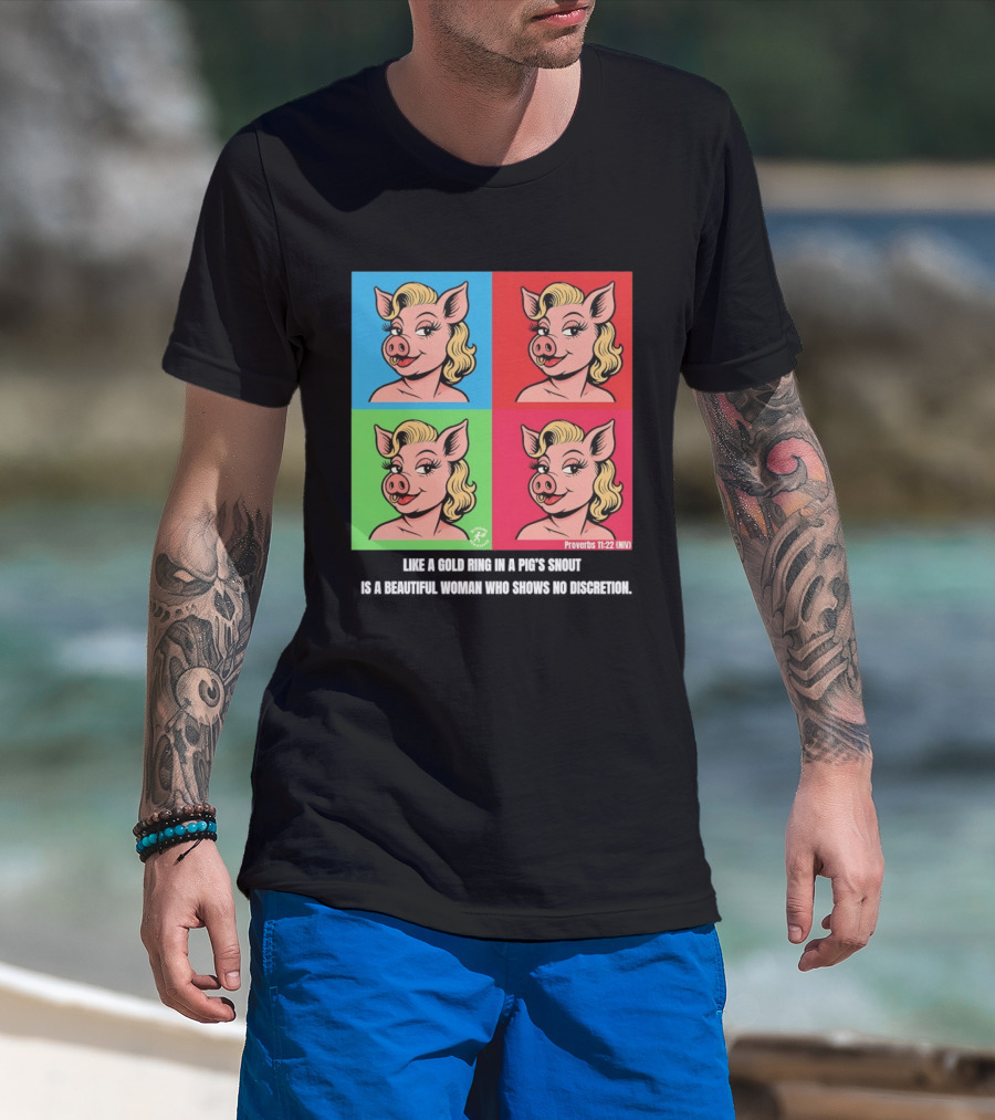 Proverbs 11:22 NIV Pig Pop Art Style Blonde Pig Panels T-Shirt