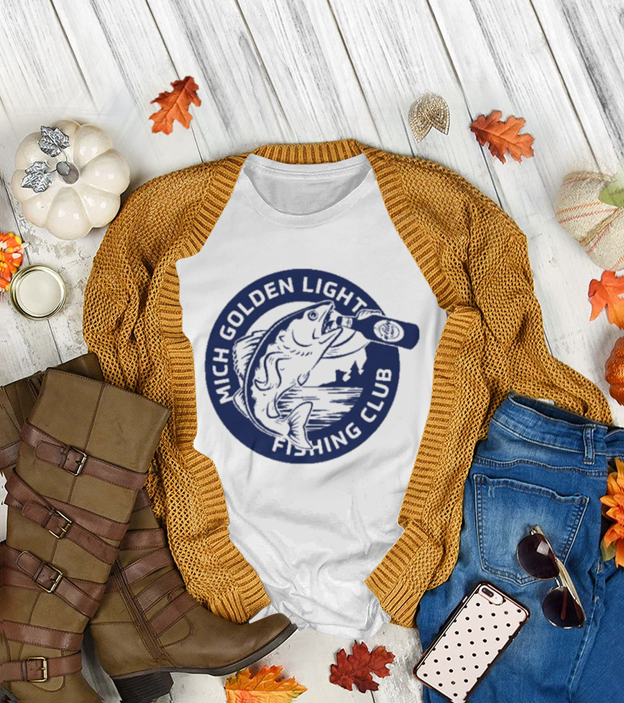 Mich Golden Light Fishing Club Logo with Fish and Bottle T-Shirt