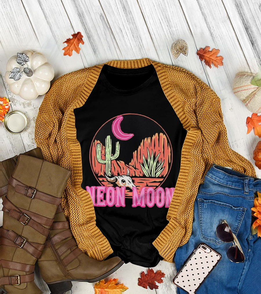 Neon Moon Cactus Skull Desert Scene T-Shirt