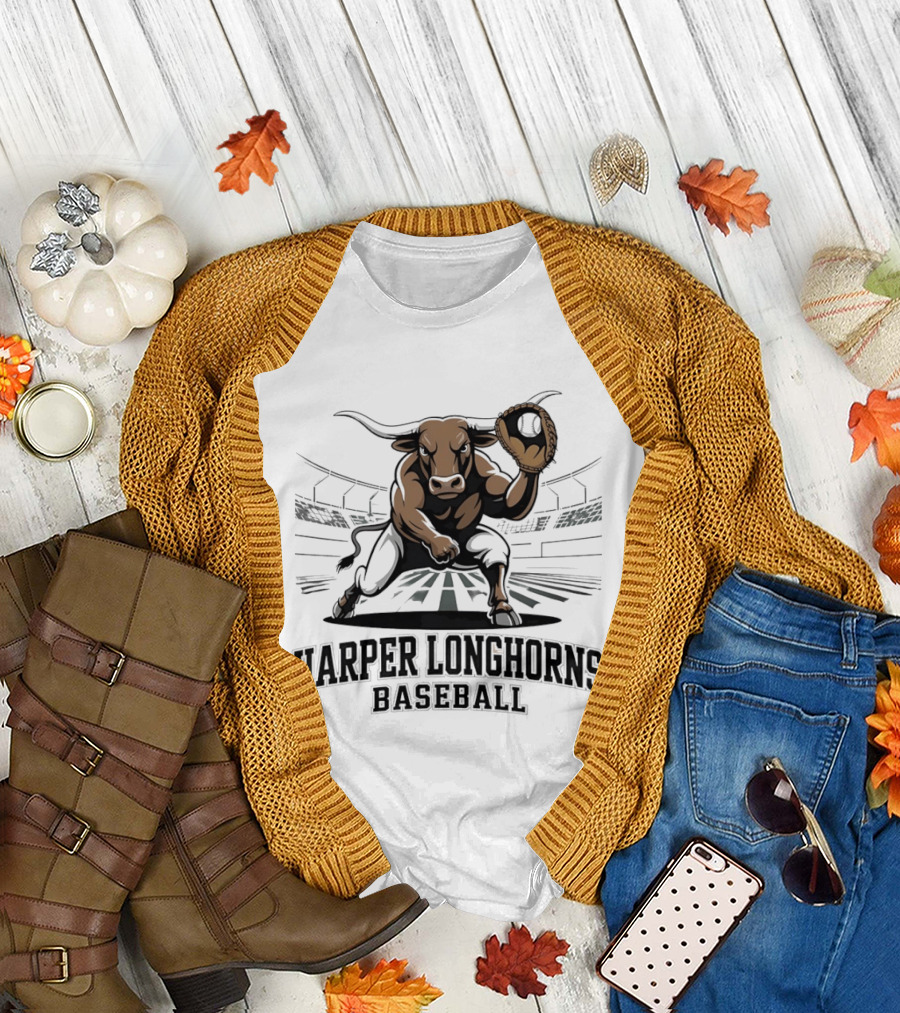 Harper Longhorns Baseball Fierce Bull Mascot Stadium Scene T-Shirt