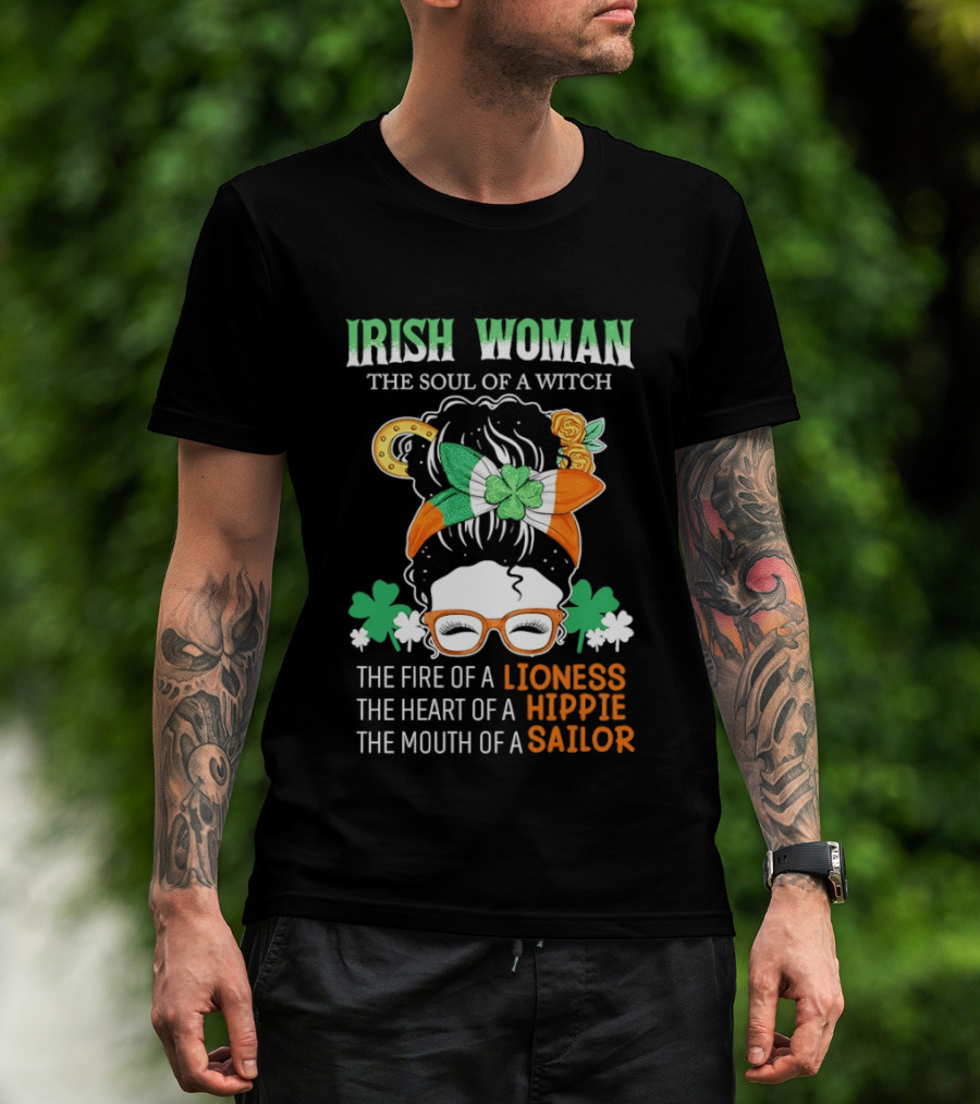 Irish Woman The Soul Of A Witch The Fire Of A Lioness The Heart Of A Hippie The Mouth Of A Sailor Shamrock Glasses Bandana T-Shirt