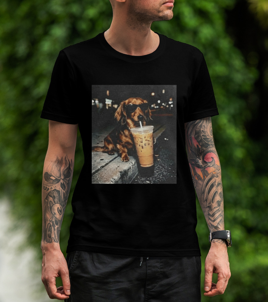 Dachshund Enjoying Iced Coffee With Sunglasses T-Shirt