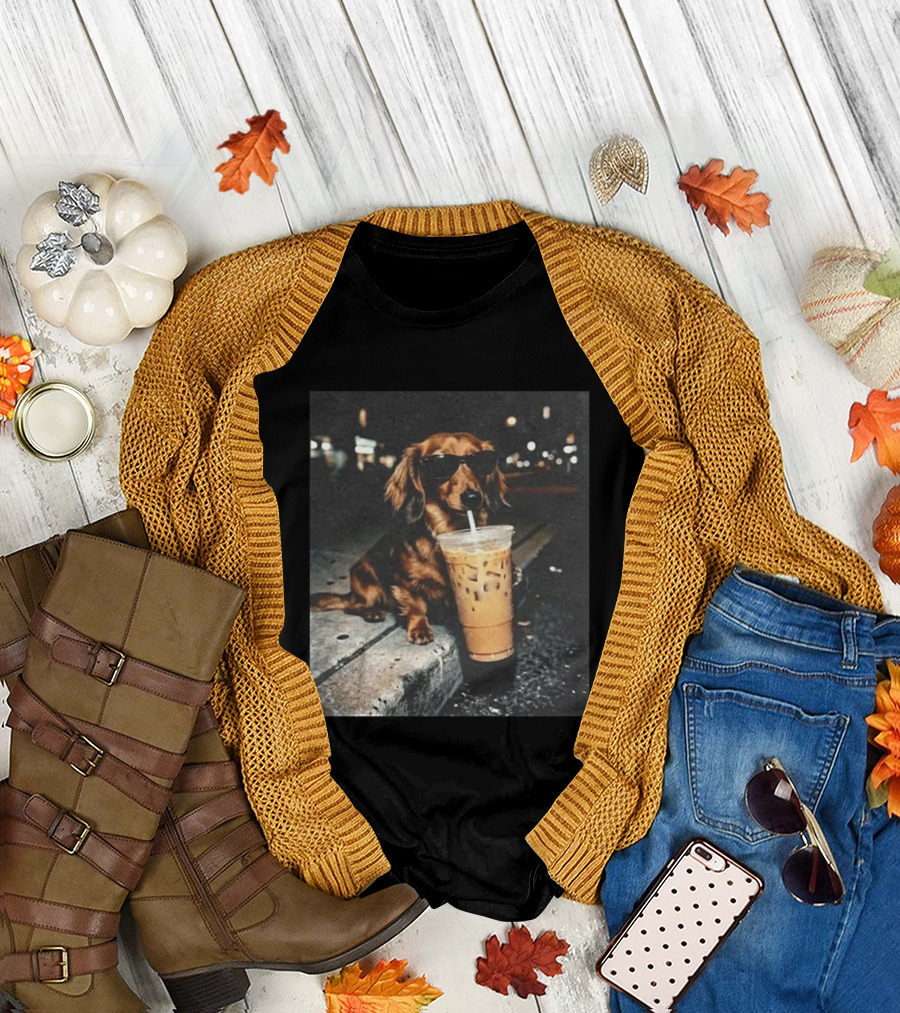 Dachshund Enjoying Iced Coffee with Sunglasses T-Shirt