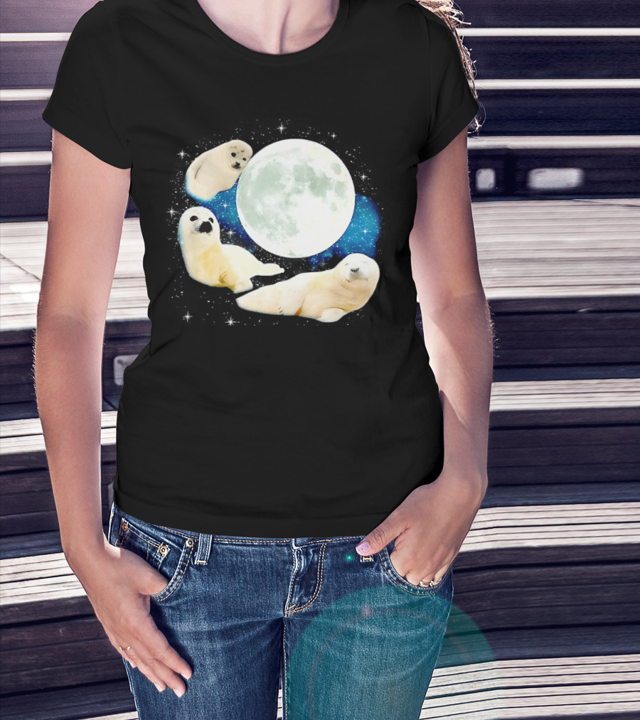 Adorable Seals Playfully Resting Under A Radiant Full Moonlit Sky With Cosmic Backdrop T-Shirt