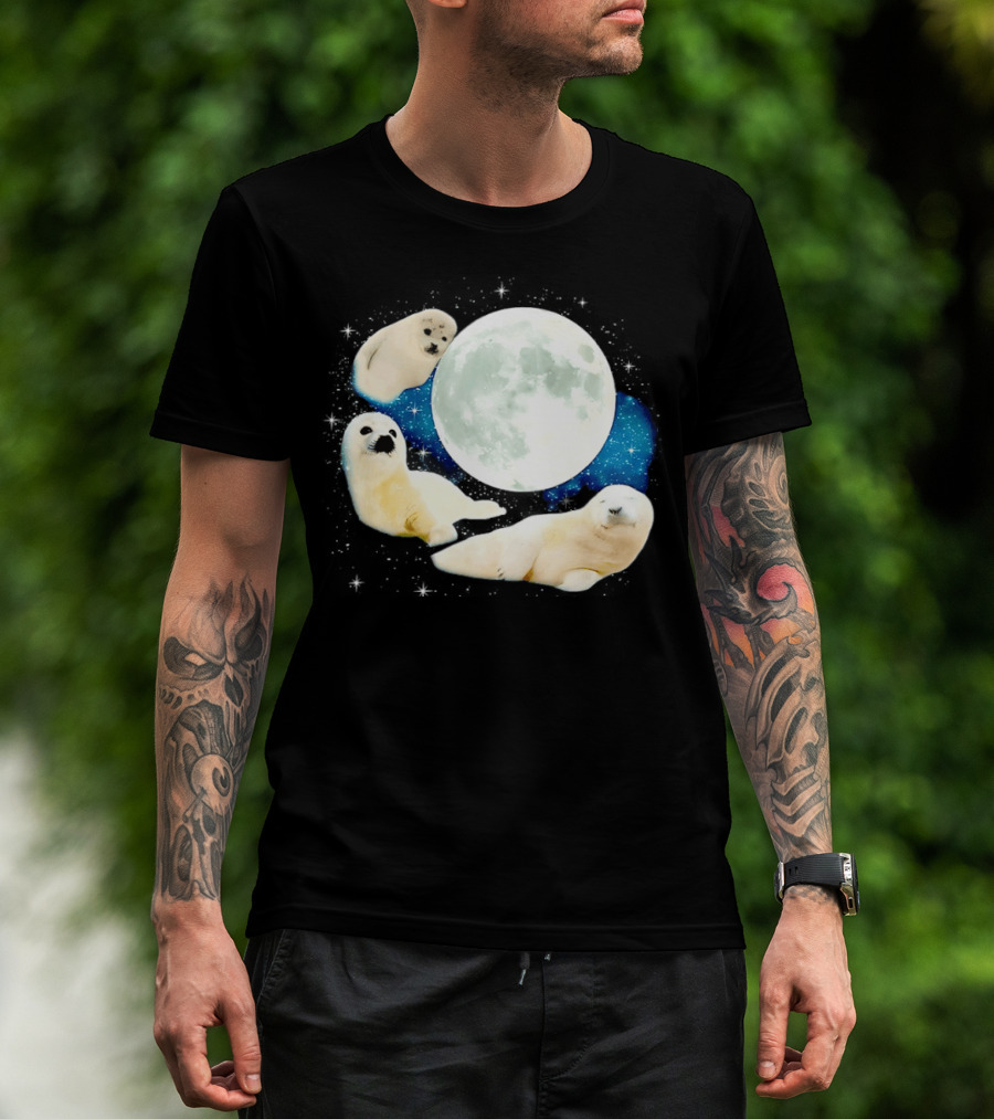 Adorable Seals Playfully Resting Under A Radiant Full Moonlit Sky With Cosmic Backdrop T-Shirt