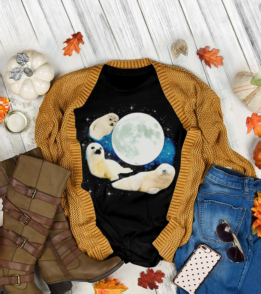 Adorable Seals Playfully Resting Under a Radiant Full Moonlit Sky with Cosmic Backdrop T-Shirt