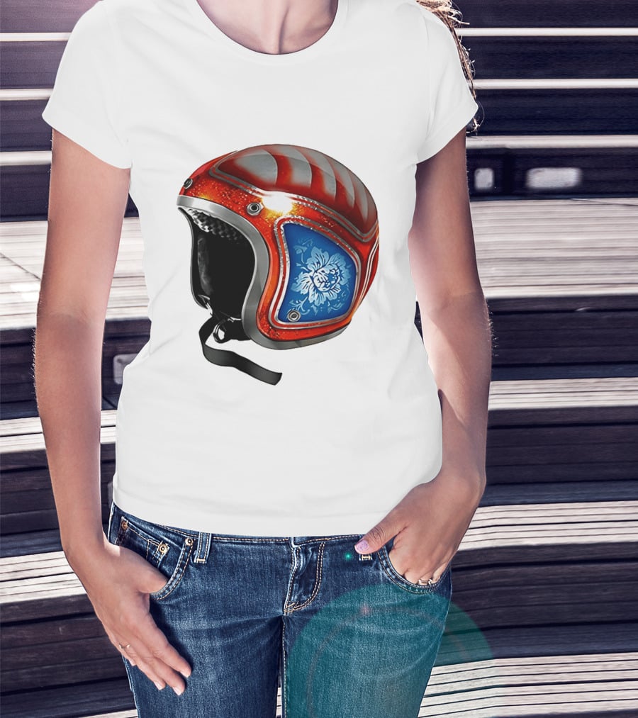 Blue Bloom Racer Helmet Red White Stripes Floral Blossom T-Shirt