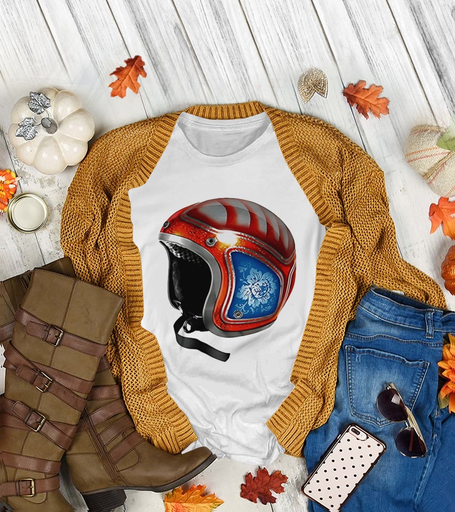 Blue Bloom Racer Helmet Red White Stripes Floral Blossom T-Shirt