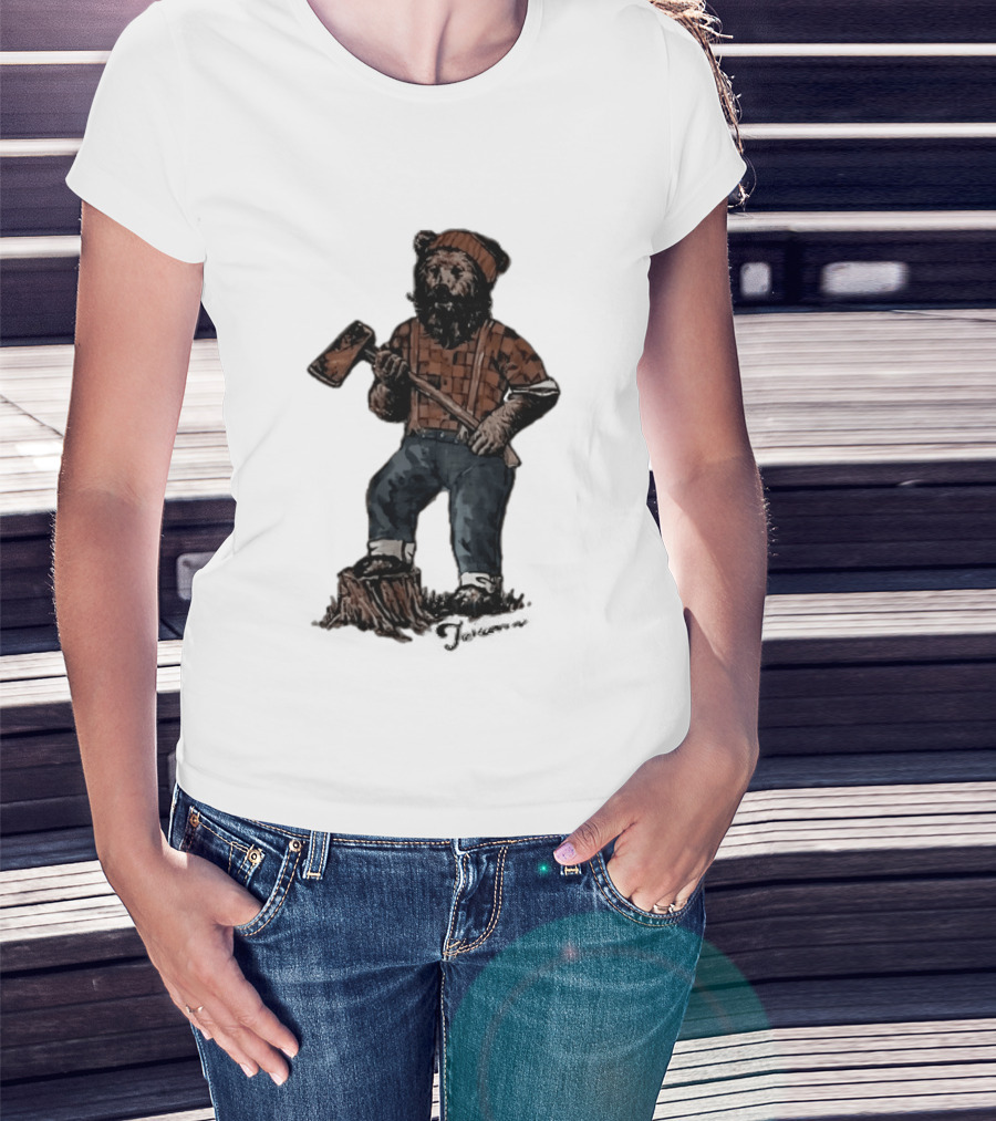 Lumberjack Bear Holding Axe Plaid Denim Jeans Beanie T-Shirt