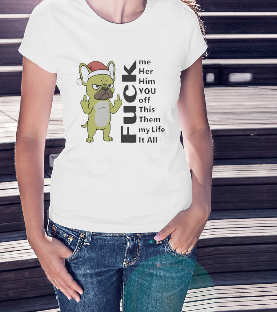 Pug Dog Middle Finger Santa Hat Funny Rude Holiday Expression T-Shirt