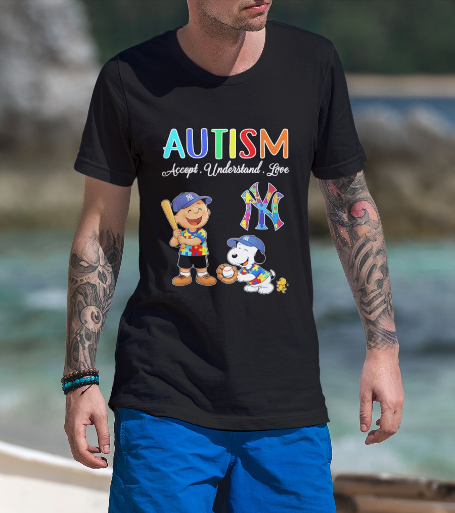 Charlie Brown Snoopy New York Yankees Autism Accept Understand Love T-Shirt
