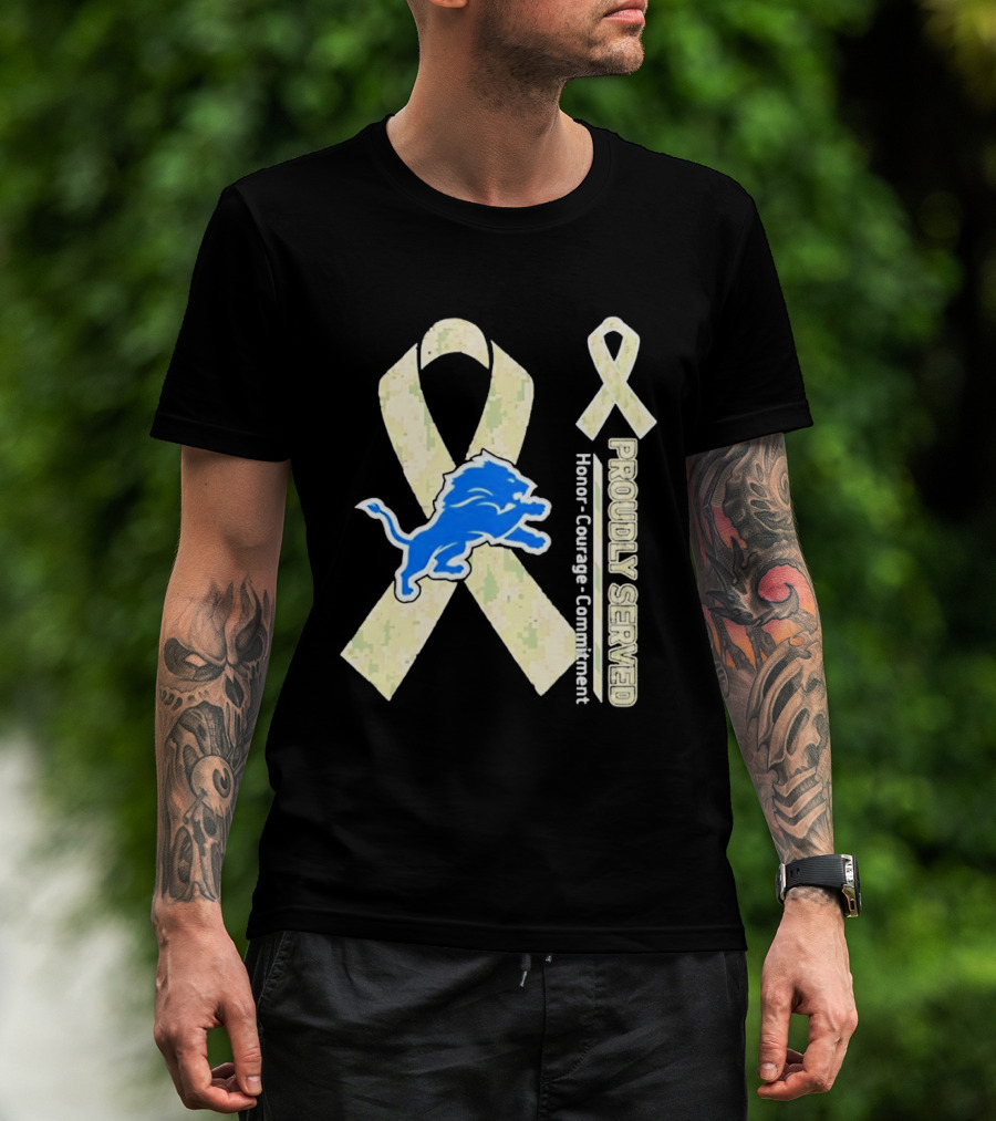 Detroit Lions Camo Ribbon Proudly Served Honor Courage Commitment T-Shirt