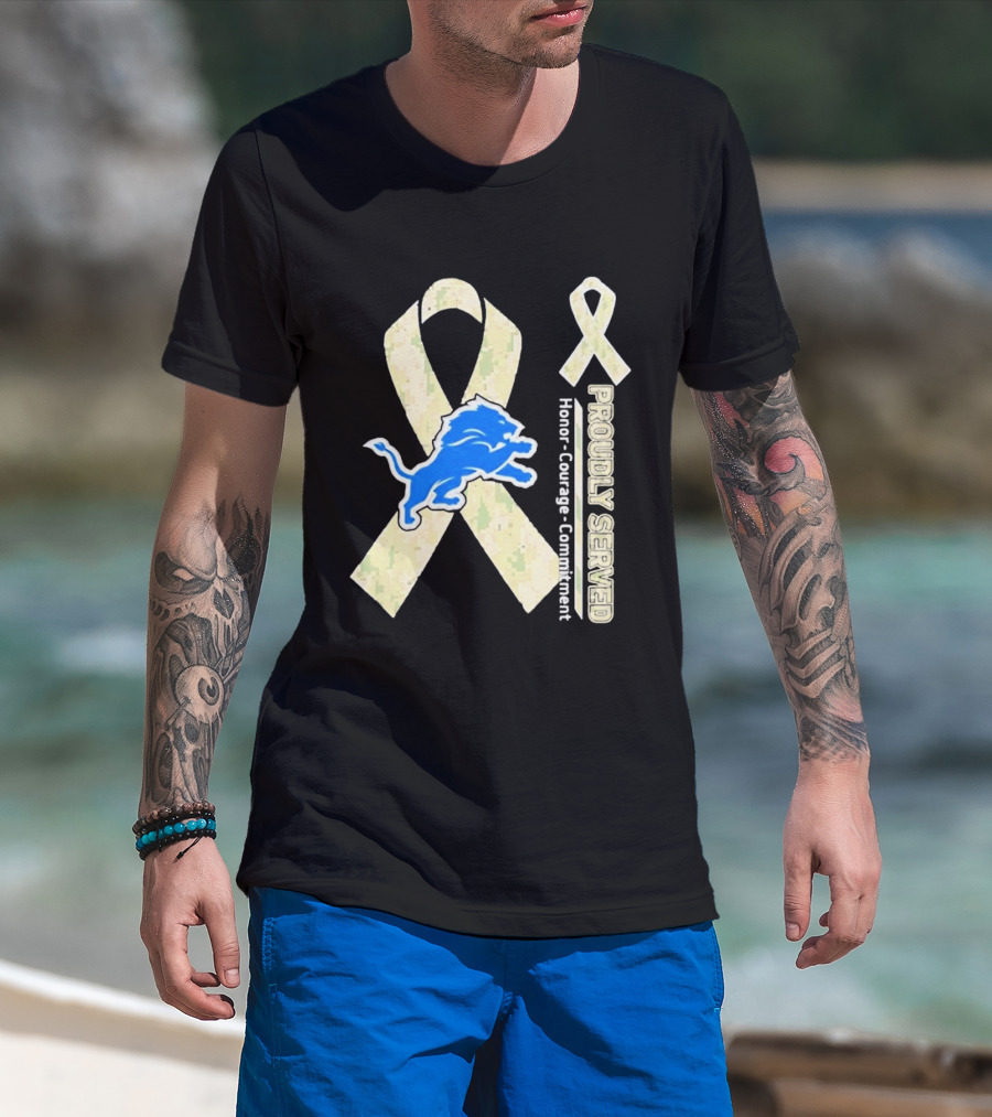 Detroit Lions Camo Ribbon Proudly Served Honor Courage Commitment T-Shirt