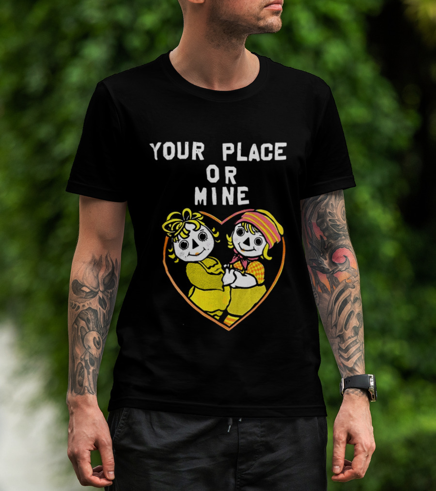 Your Place Or Mine Romantic Cartoon Couple In Heart T-Shirt