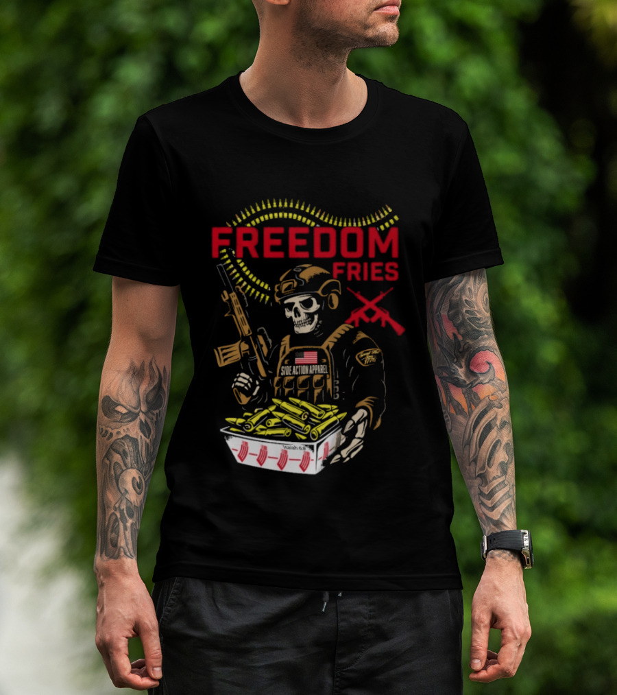 Freedom Fries Military Skeleton With USA Flag And Rifle T-Shirt