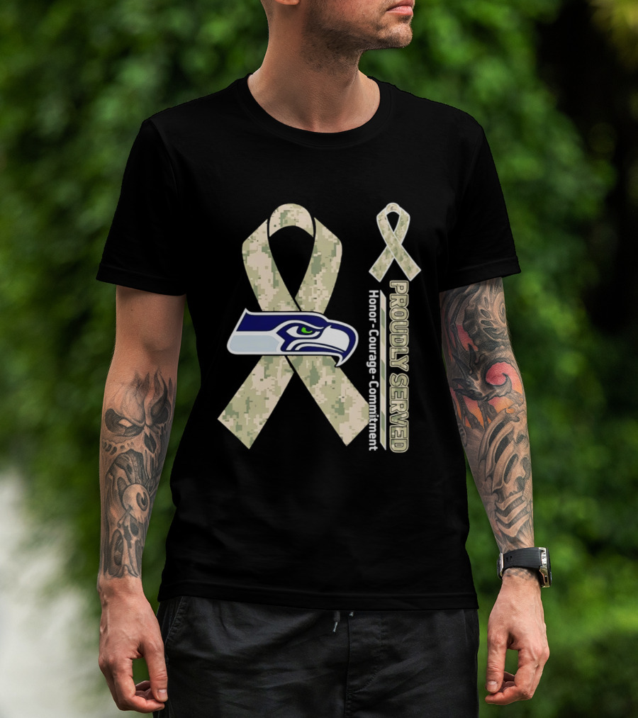 Seattle Seahawks Military Appreciation Proudly Served Honor Courage Commitment Ribbon T-Shirt
