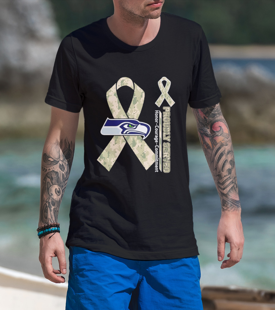 Seattle Seahawks Military Appreciation Proudly Served Honor Courage Commitment Ribbon T-Shirt