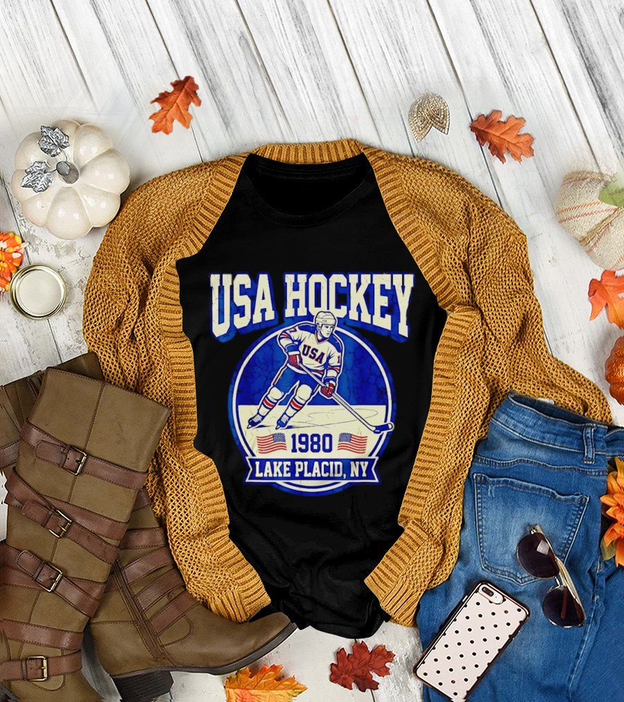 USA Hockey 1980 Lake Placid NY American Flag Ice Skater T-Shirt
