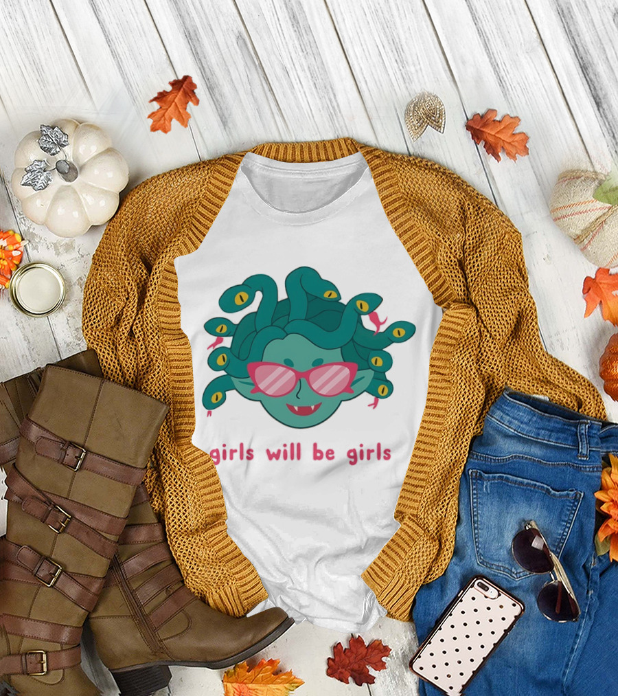 Green Medusa Head Pink Glasses Girls Will Be Girls T-Shirt