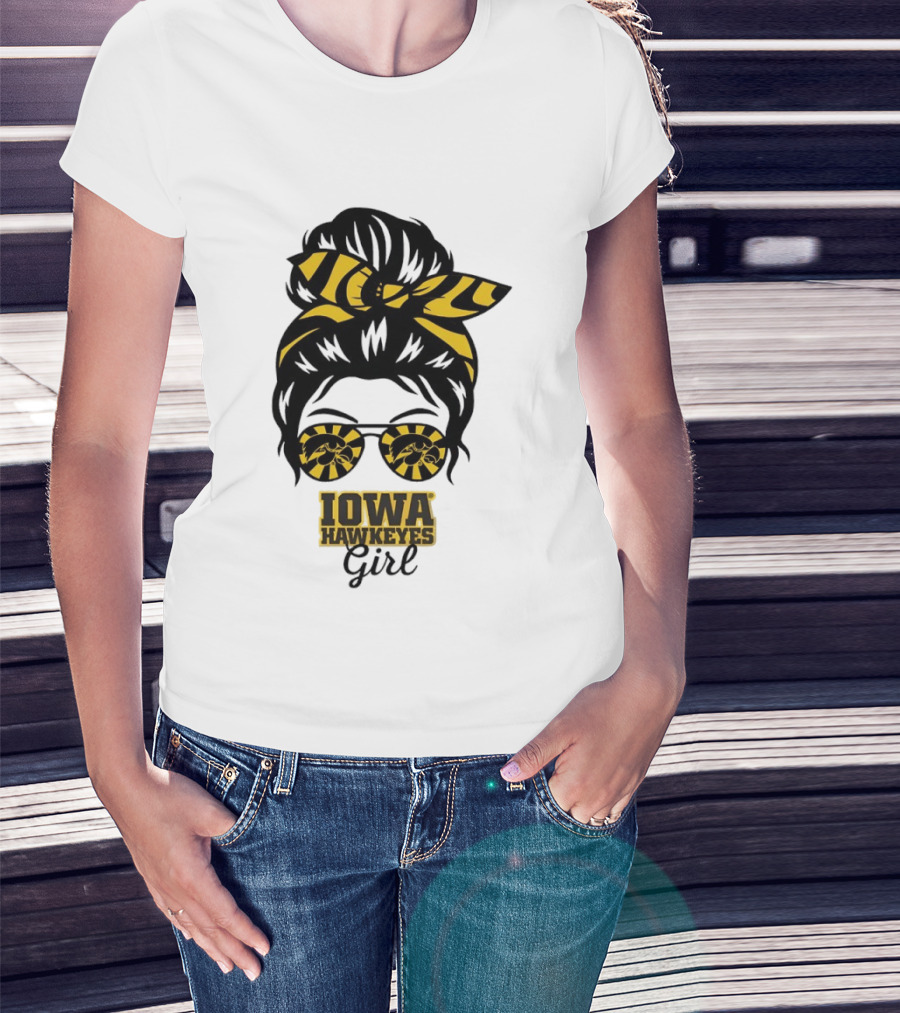 Iowa Hawkeyes Girl Sunglasses Messy Bun Headband T-Shirt