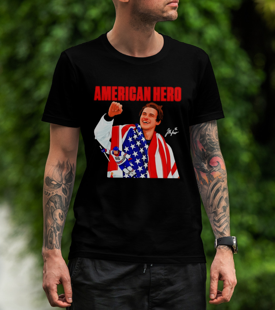 American Hero Jack Hughes USA Flag Hockey T-Shirt