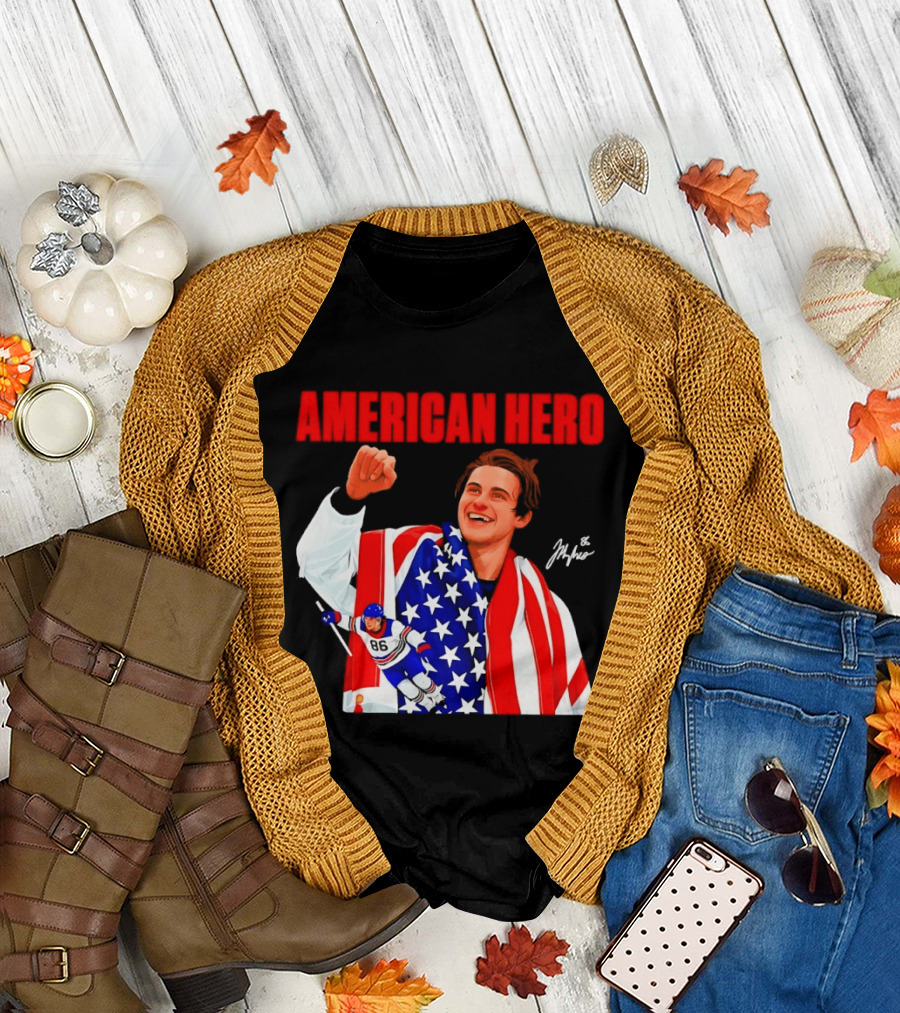 American Hero Jack Hughes USA Flag Hockey T-Shirt