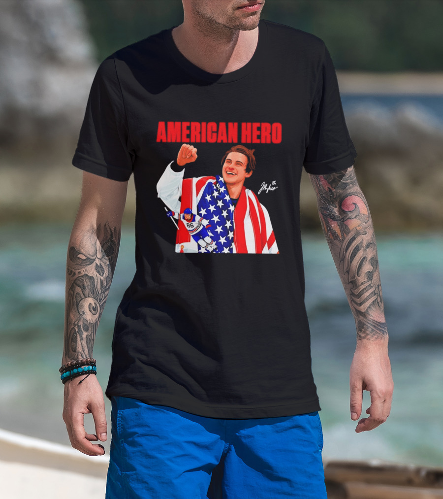 American Hero Jack Hughes USA Flag Hockey T-Shirt