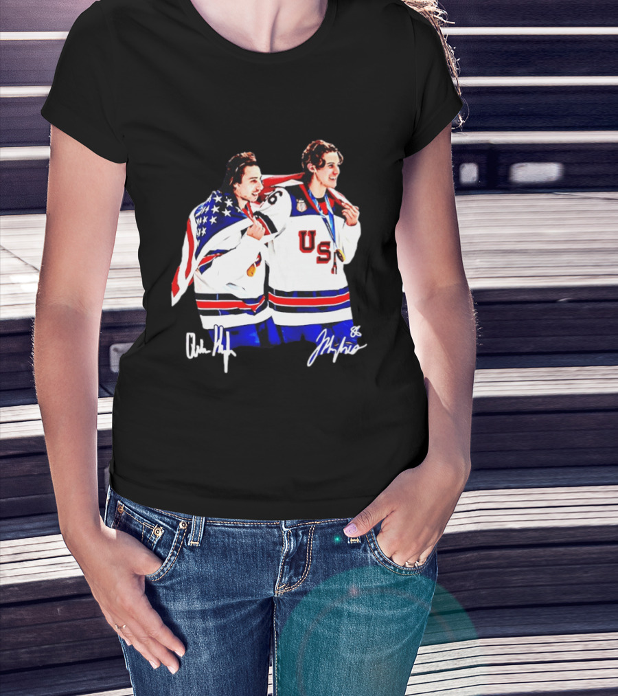 USA Hockey Golden Jack Hughes Jack Quinn American Flag Celebration T-Shirt