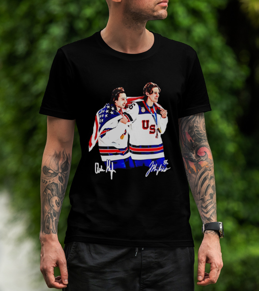 USA Hockey Golden Jack Hughes Jack Quinn American Flag Celebration T-Shirt