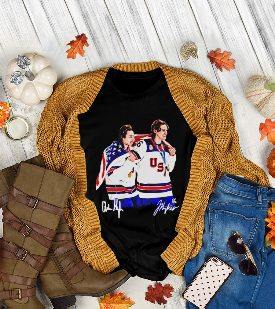 USA Hockey Golden Jack Hughes Jack Quinn American Flag Celebration T-Shirt